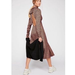 Free People Leopard Print Midi Dress Long Sleeve Open Back Dress